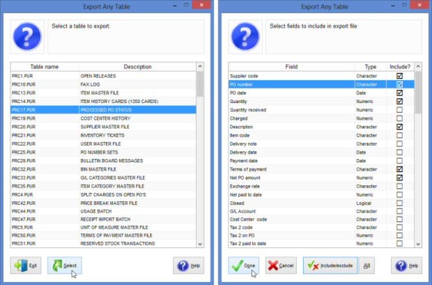 Export Any Table in PO Software