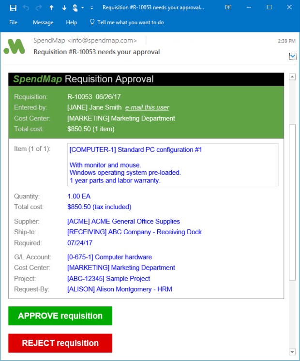 Approve requisitions via email.